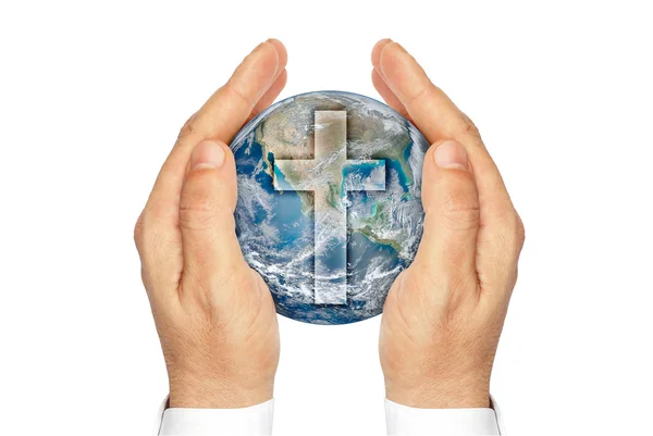 Hands holding the planet Earth with the Christian cross ."Elements of this image furnished by NASA". — Stock Photo, Image