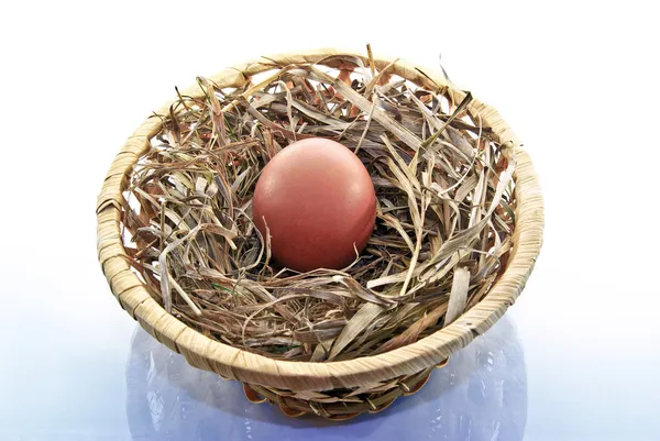 Egg in a basket with hay isolated on a white background — Stock Photo, Image