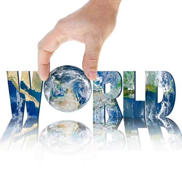 Mão segurando planeta Terra em um fundo da inscrição MUNDO — Fotografia de Stock