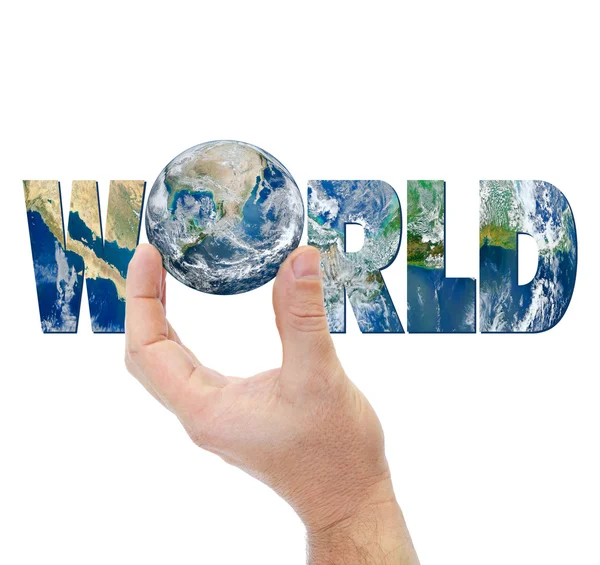 Hand holding planet Earth on a background of the inscription WORLD — Stock Photo, Image