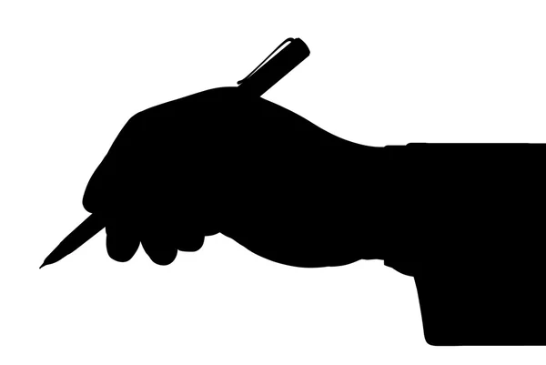 Černý obrys ruky drží pero — Stock fotografie