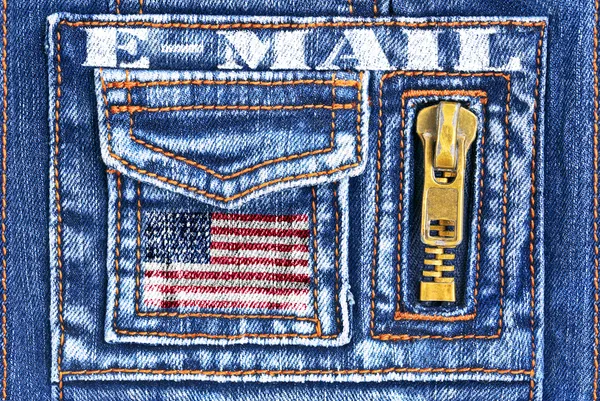 Denim material with a pocket in the form of American mailbox — Stock Photo, Image