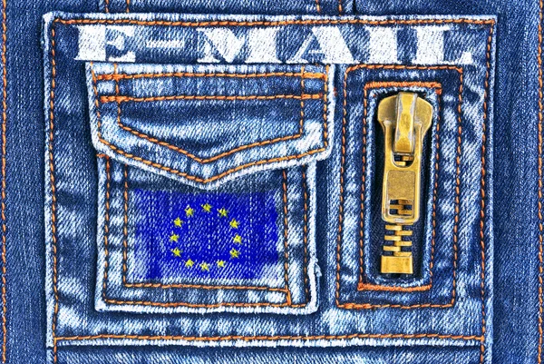 Denim material with a pocket in the form of European mailbox — Stock Photo, Image