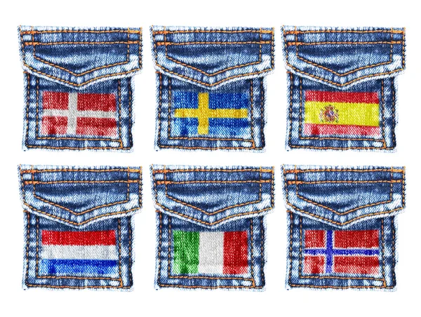 Jeans pockets with flags of Denmark,Sweden,Spain,Holland,Italy,Norway — Stock Photo, Image