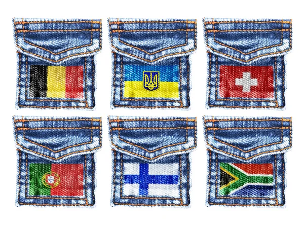 Jeans pockets with flags Belgium,Ukraine,Switzerland,Portugal,Finland,South Africa — Stock Photo, Image