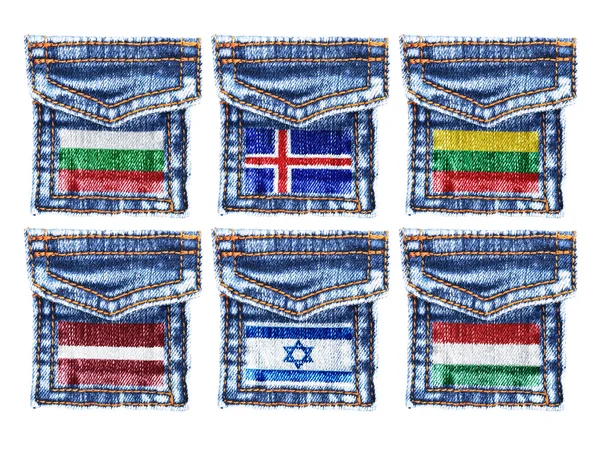 बुल्गारिया, आइसलैंड, लिथुआनिया, लातविया, इज़राइल, हंगरी के झंडे के साथ जीन्स जेब — स्टॉक फ़ोटो, इमेज