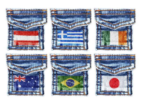 Tasche jeans con bandiere di Austria, Grecia, Irlanda, Australia, Brasile, Giappone — Foto Stock