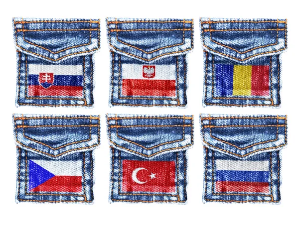 Jeans pockets with flags Slovakia,Poland,Romania,Czech Republic,Turkey,Russia — Stock Photo, Image