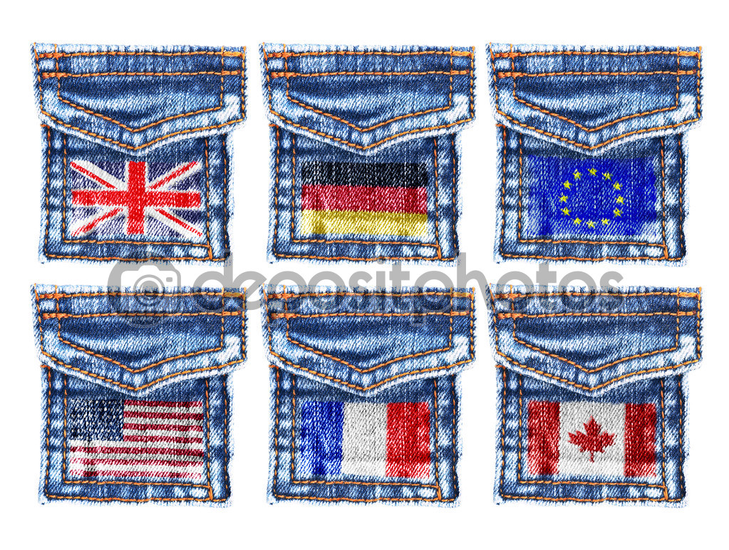 Jeans pockets with the flags of England,Germany,Europe,America,Canada