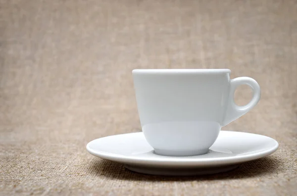 White Coffee Cup Saucer Coarse Burlap — Foto de Stock