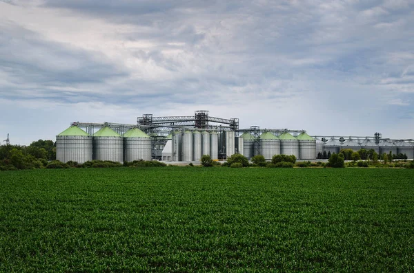 Industrial buildings and manufacturing equipment near an agricultural field. Elevator