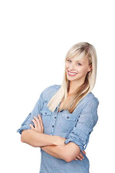 Arms crossed happy woman — Stock Photo, Image
