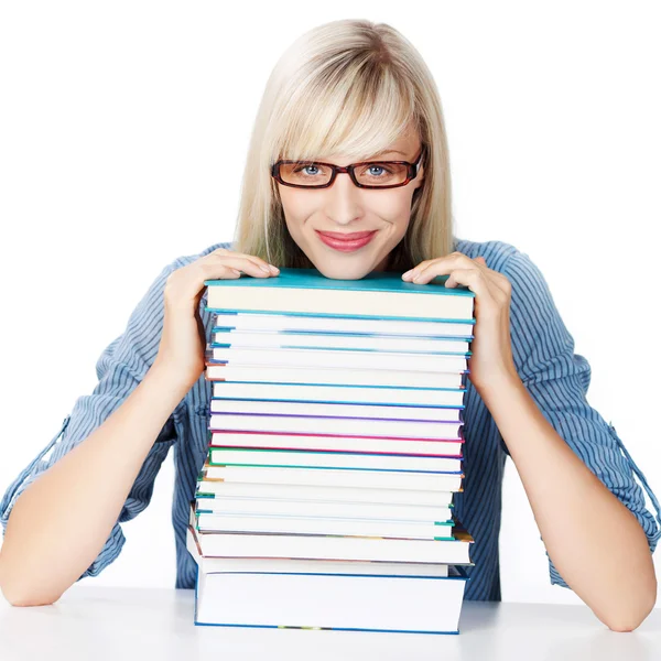 Jonge dame met stapel boeken — Stockfoto