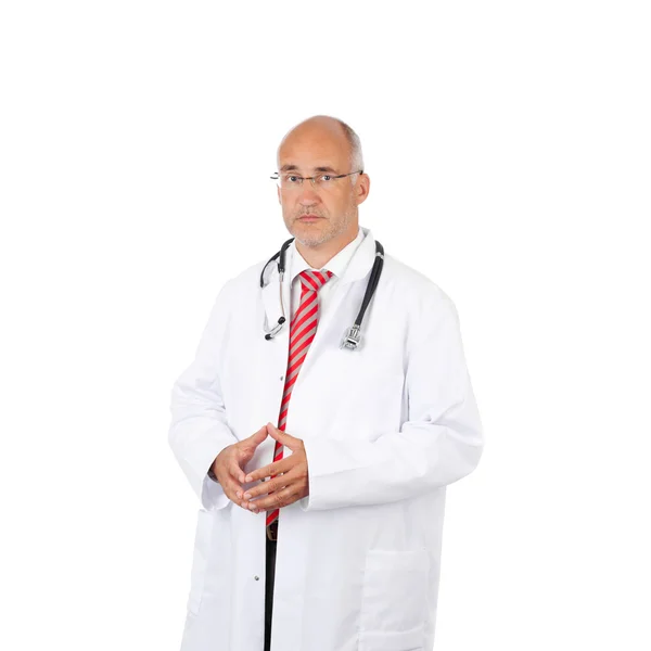 Задумчивый доктор, стоящий с пальцами — стоковое фото