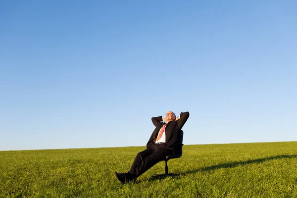 Relaxed Businessman Sitting On Green Grassland — Stock Photo, Image