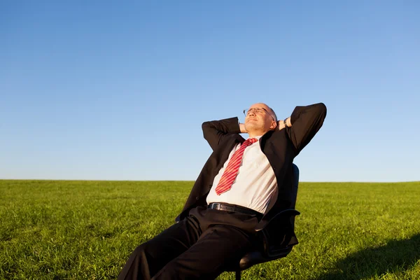 Businessman On Chair In Grassy Field — Stock Photo, Image