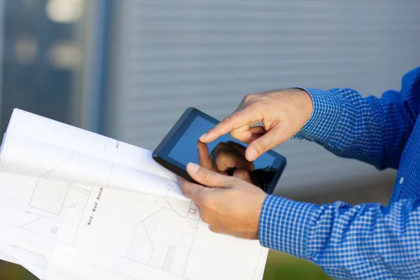Architect Hands Holding Blueprint While Using Digital Tablet — Stock Photo, Image