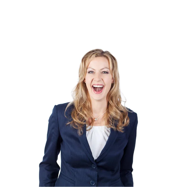 Empresária feliz contra fundo branco — Fotografia de Stock