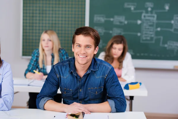 Mannelijke student met vrouwelijke klasgenoten en leraar op achtergrond — Stockfoto