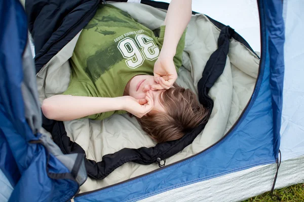 Boy Sleeping In Sleeping Bag — Stok fotoğraf