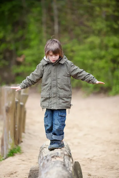 Menino de jaqueta andando na madeira no parque — Fotografia de Stock