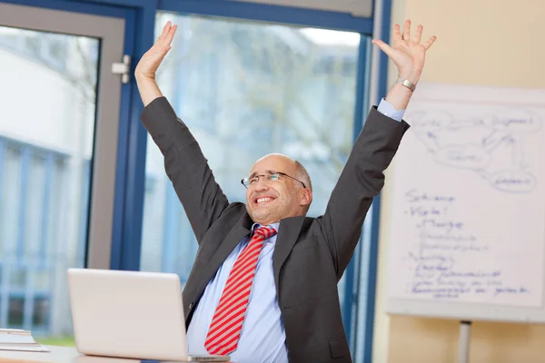Affärsman med armar upp firar seger — Stockfoto