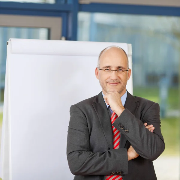 Zralé podnikatel s rukou na bradě o flipchart — Stock fotografie