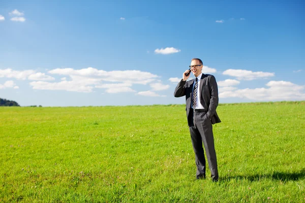 Empresário telefonando de um campo verde — Fotografia de Stock