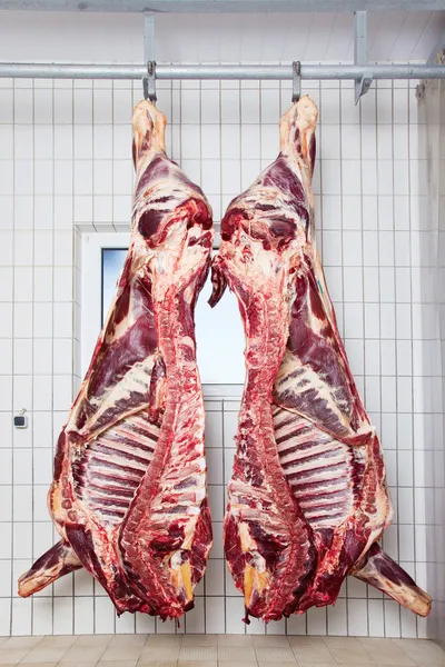 Geschälte Schweinekörper hängen im Brustkorb — Stockfoto