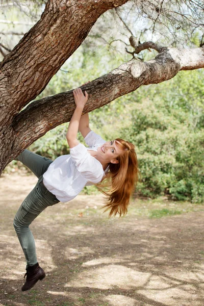 Lachende vrouw klimmen een boom — Stockfoto