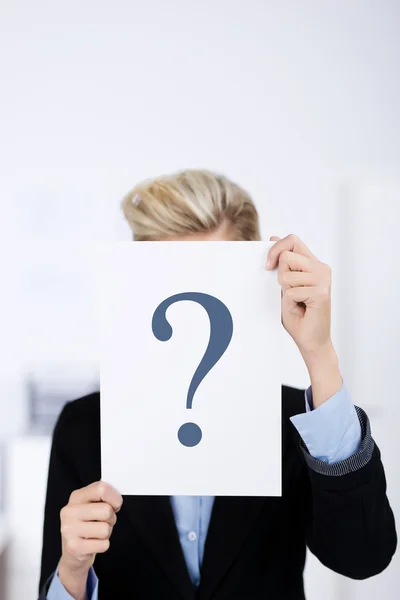 Businesswoman Holding Paper With Question Mark — Stock Photo, Image