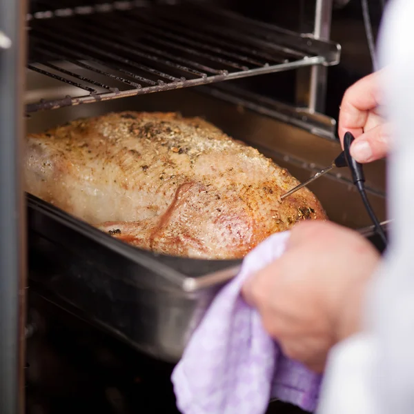 Chefs Hands Checking Temperature Of Grilled Turkey — Stock Photo, Image