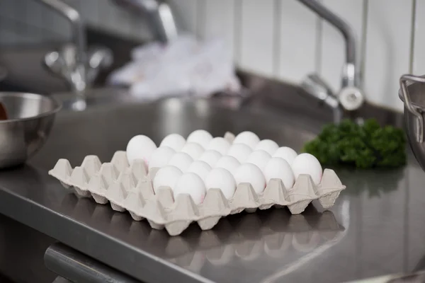 Egg Carton On Commercial Kitchen Counter — Stock Photo, Image