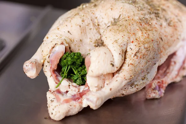 Celery Stuffed In Raw Turkey — Stock Photo, Image