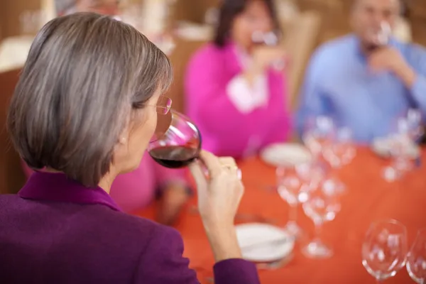 Elderly woman drinking wine with friends Royalty Free Stock Photos