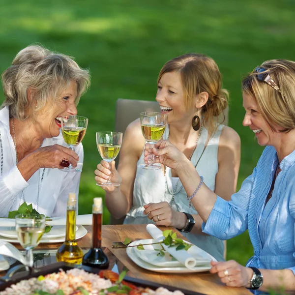 Familie prostet Weißwein am Esstisch zu — Stockfoto