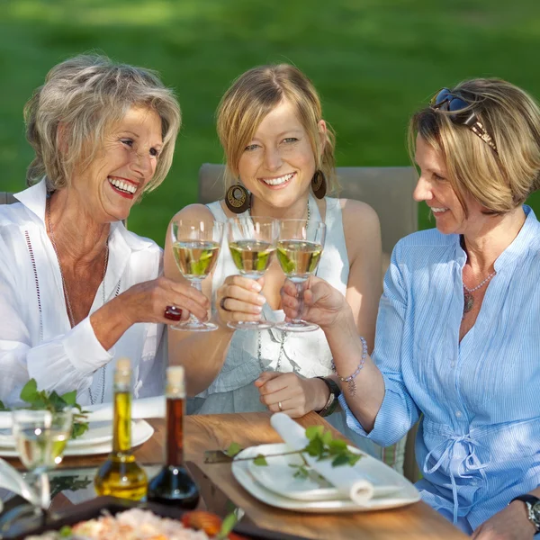 Mulheres felizes dizendo saúde com vinho branco — Fotografia de Stock