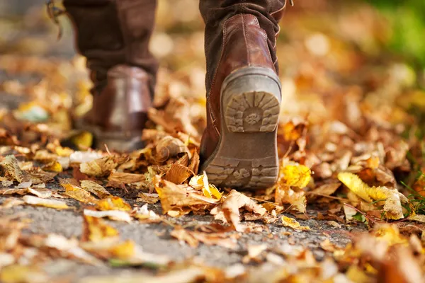 Woman walking on a street full of dead leaves — Stock Photo, Image