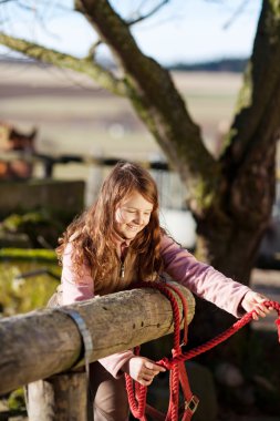 Girl tying reins to a wooden fence clipart