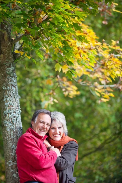 Um casal de idosos feliz posando em uma floresta — Fotografia de Stock