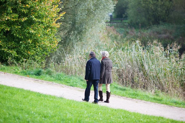 Senior couple walking together on an alley — Stock Photo, Image