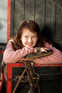 Pretty young girl in the stable clipart
