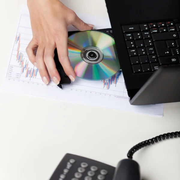 Nainen asettamalla cd kannettavaan tietokoneeseen — kuvapankkivalokuva