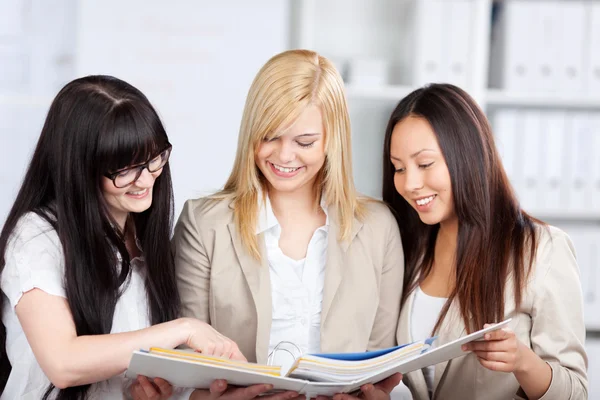 Young businesspeople reading in a binder — Stock Photo, Image