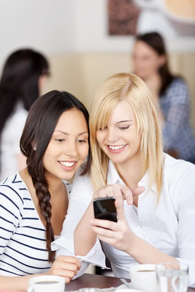 Kvinnan visar mobiltelefon till en vän i café — Stockfoto