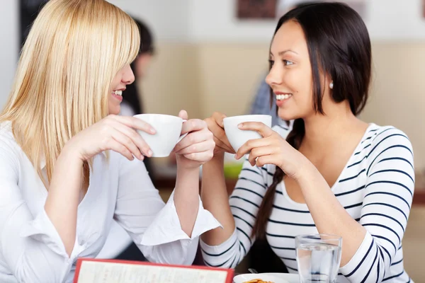 Mulheres segurando xícara de café enquanto olham um para o outro — Fotografia de Stock