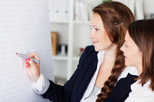 Two businesswomen discussing a flip chart — Stock Photo, Image