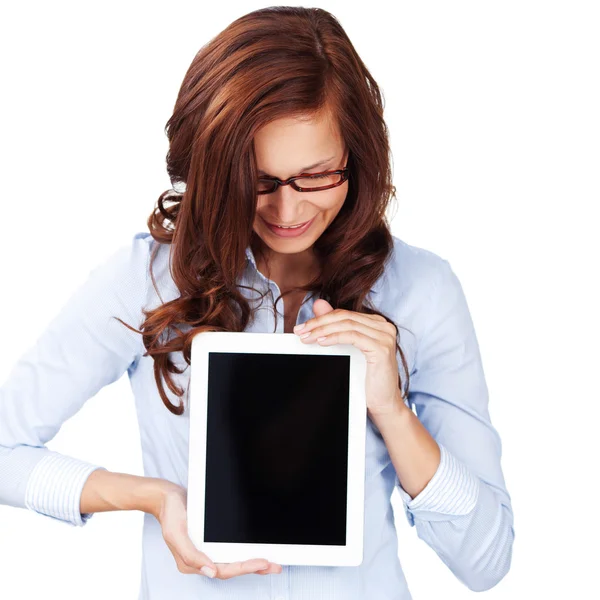 Woman holding a blank tablet with copyspace — Stock Photo, Image