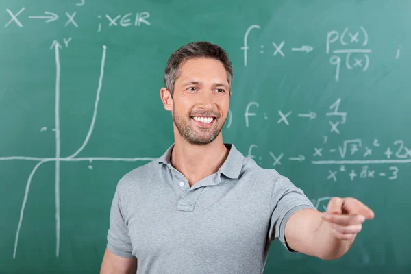 Teacher Pointing While Looking Away Against Chalkboard Stock Image