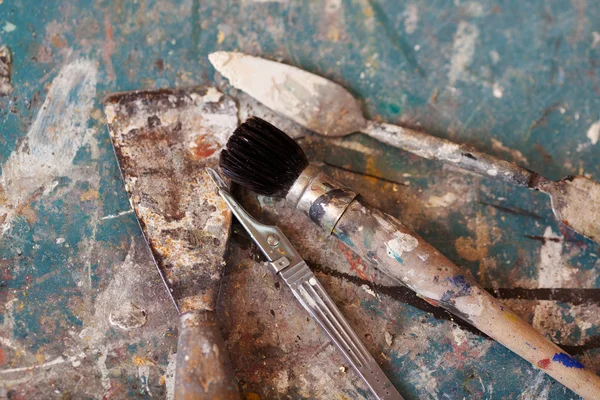 Worktools On Table In Workshop — 图库照片